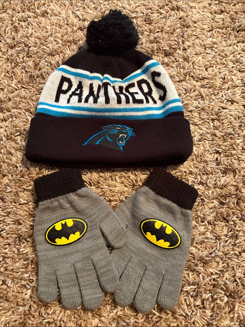 Carolina Panthers Kids Black Knit Pom Beanie with Gray Batman Gloves